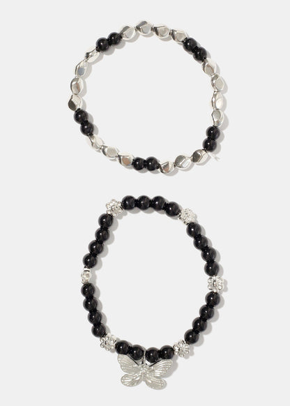 Dark Bead Bracelet with Butterfly