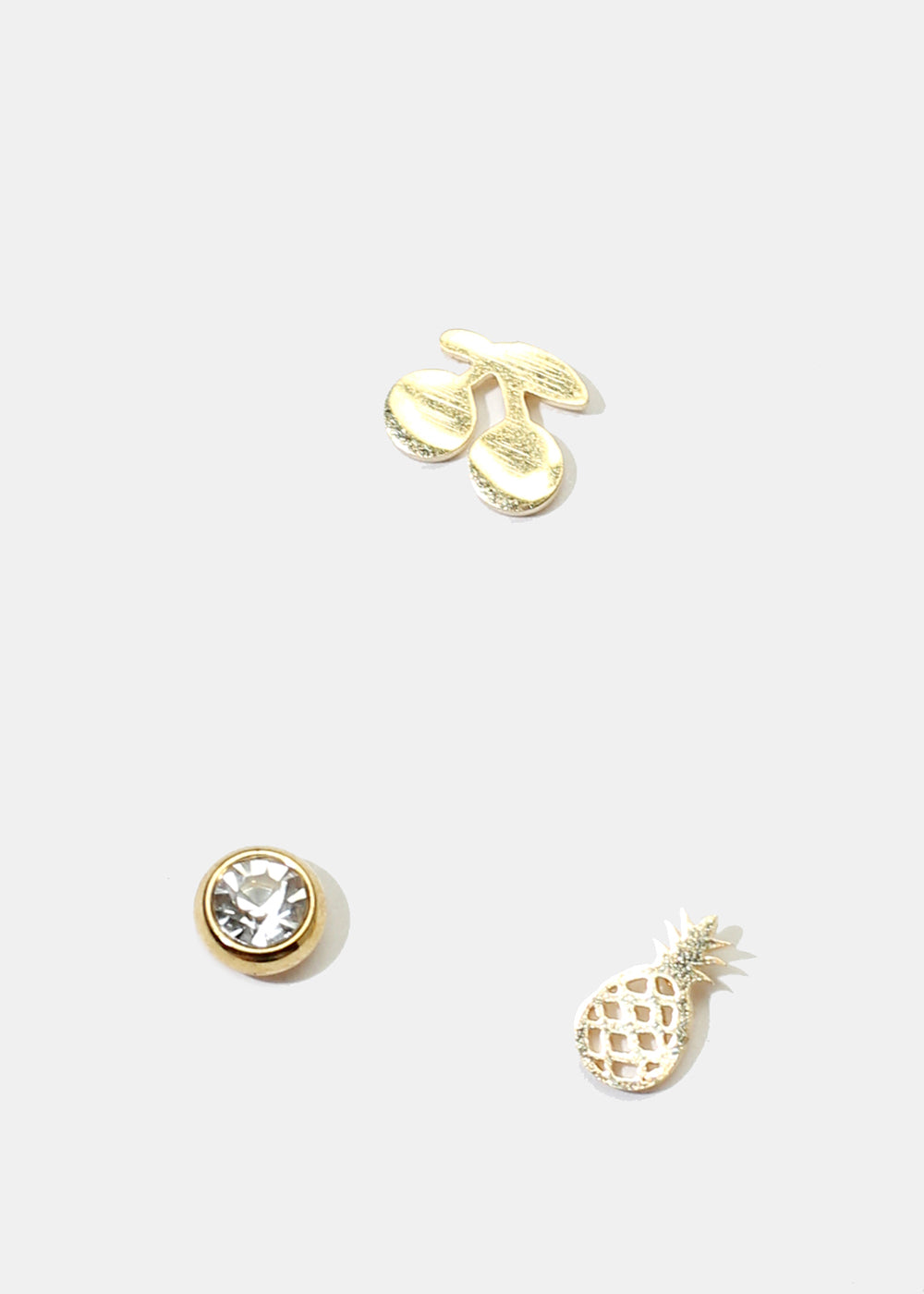 3-Pair Rhinestone & Fruit Stud Earrings