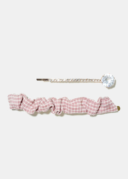 2 Piece Plaid & Gemstone Hair Pins