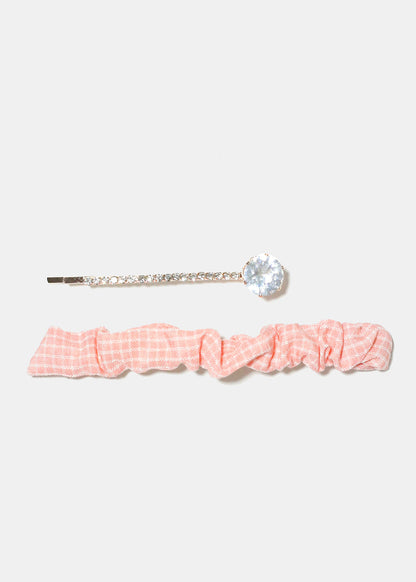 2 Piece Plaid & Gemstone Hair Pins